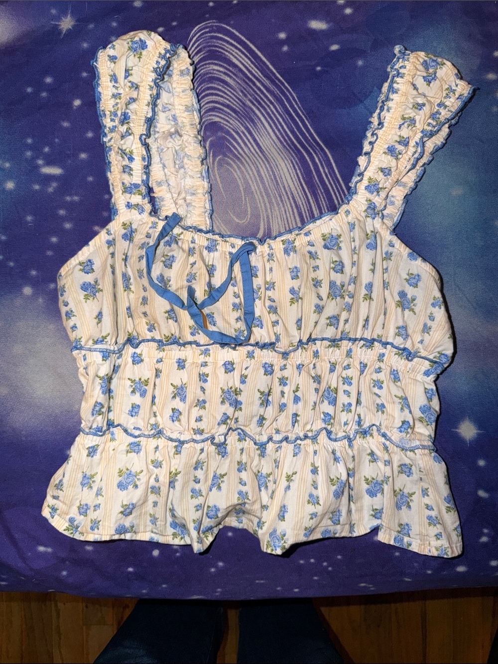 White & Blue Floral Ruffled Tank Top - Women's